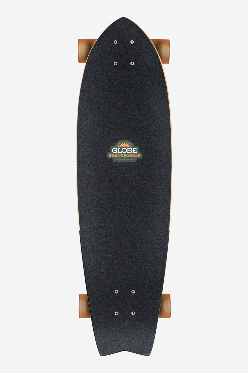 Chromantic Beach Bum 33 inch swallowtail cruiser board bottom view with dark deck and Globe Skateboards logo