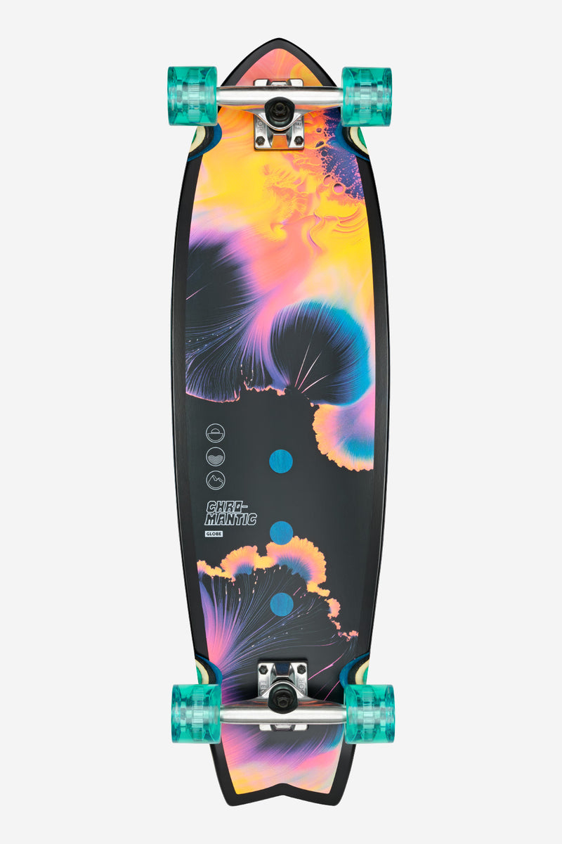 Chromantic Cruiserboard 33 Maitrus top-down view with vibrant abstract graphic and turquoise wheels.