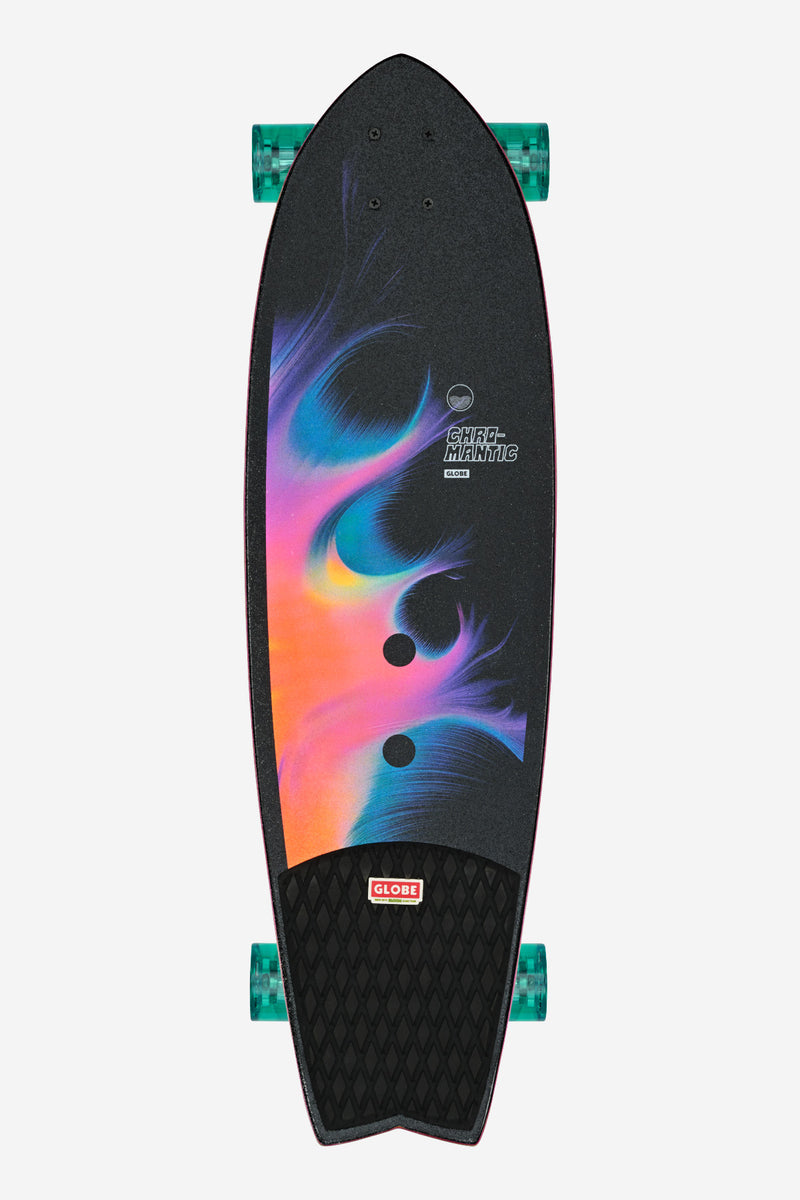 Chromantic Cruiserboard 33 Maitrus angled view showing bold colorful swirl graphic and turquoise wheels.