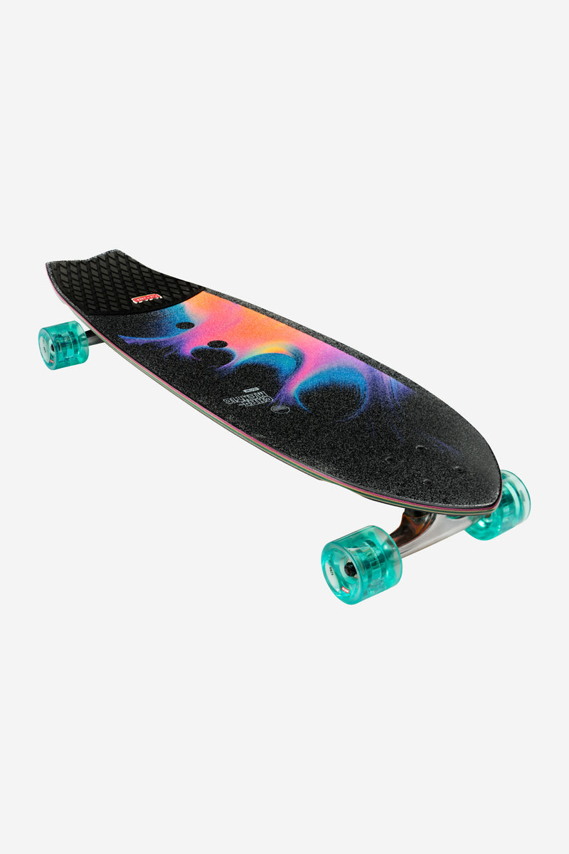 Maitrus Chromantic cruiser board features an abstract colorful graphic on the deck and turquoise wheels