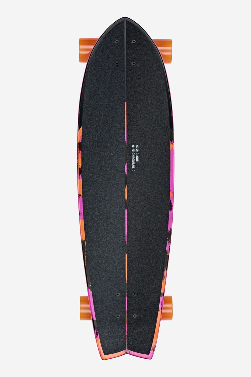 Side view of Chromantic Cruiserboard 33 Sea Devil showing black deck with a pink edge and orange wheels.