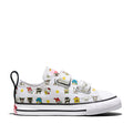 Toddler low-top sneakers, white canvas with multicolor character print and hook straps
