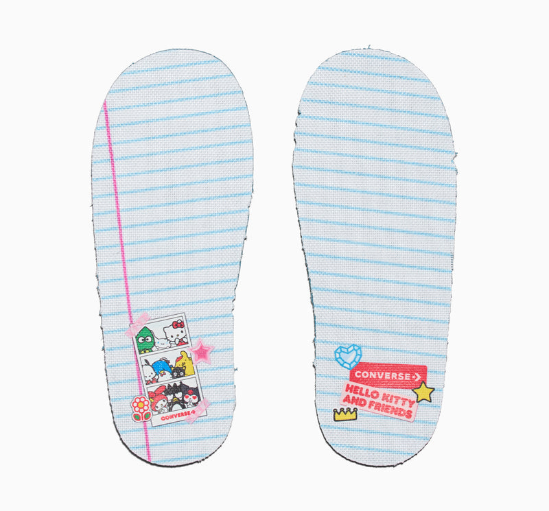 Toddler sneaker soles, light blue striped tread with Converse and Hello Kitty branding