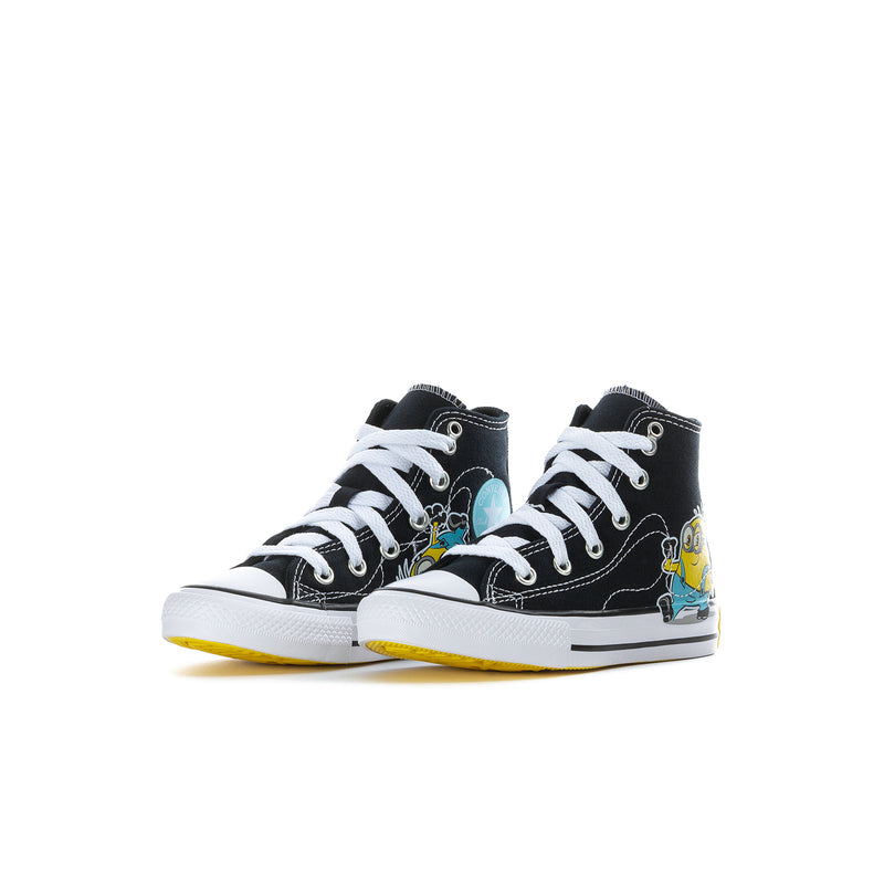 Kids' black high-top sneakers pair view, Minions artwork on sides