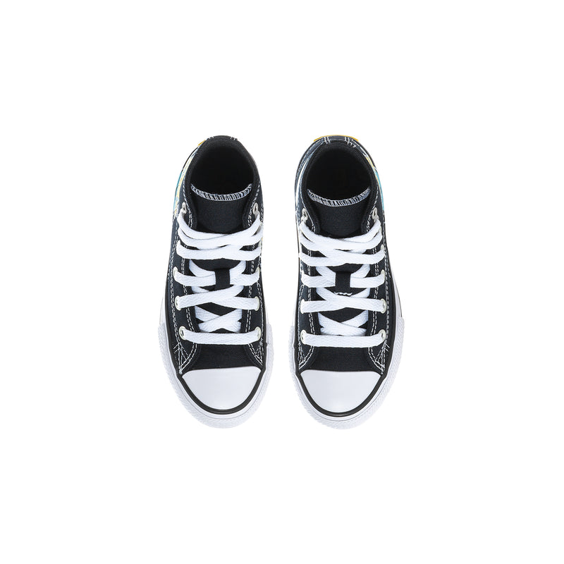 Kids' black high-top sneakers, top view of two shoes with white laces