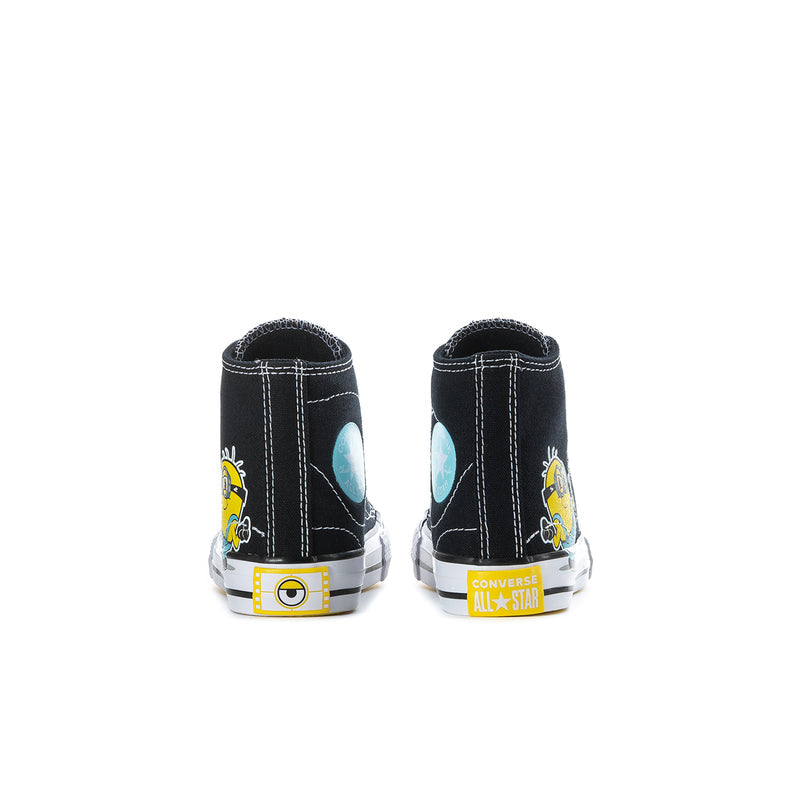 Kids' black high-top sneakers with Minions heel prints and white rubber toe caps