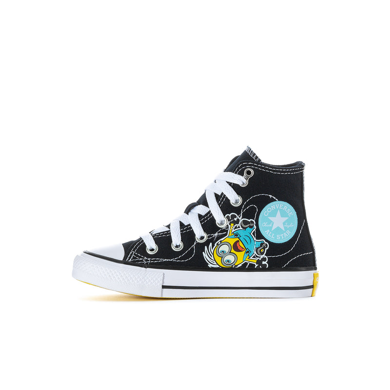 Kids' black high-top sneakers side view with Minions logo graphic and star patch