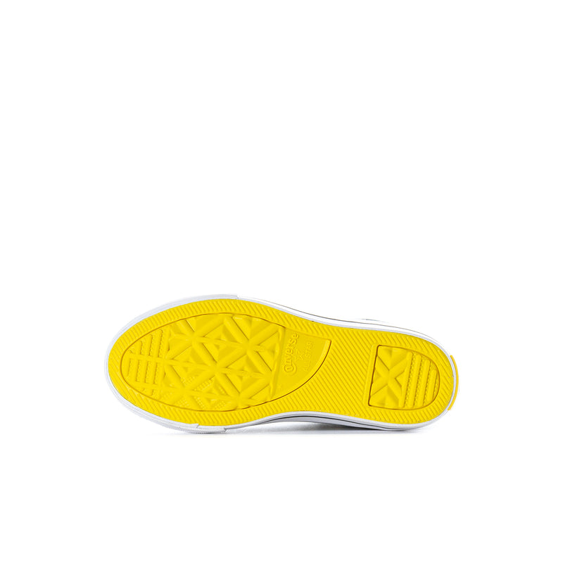 Kids' high-top sneaker outsole with yellow tread and white rubber edge