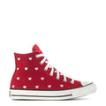 Youth high-top sneakers in red canvas with white heart pattern and lace-up design