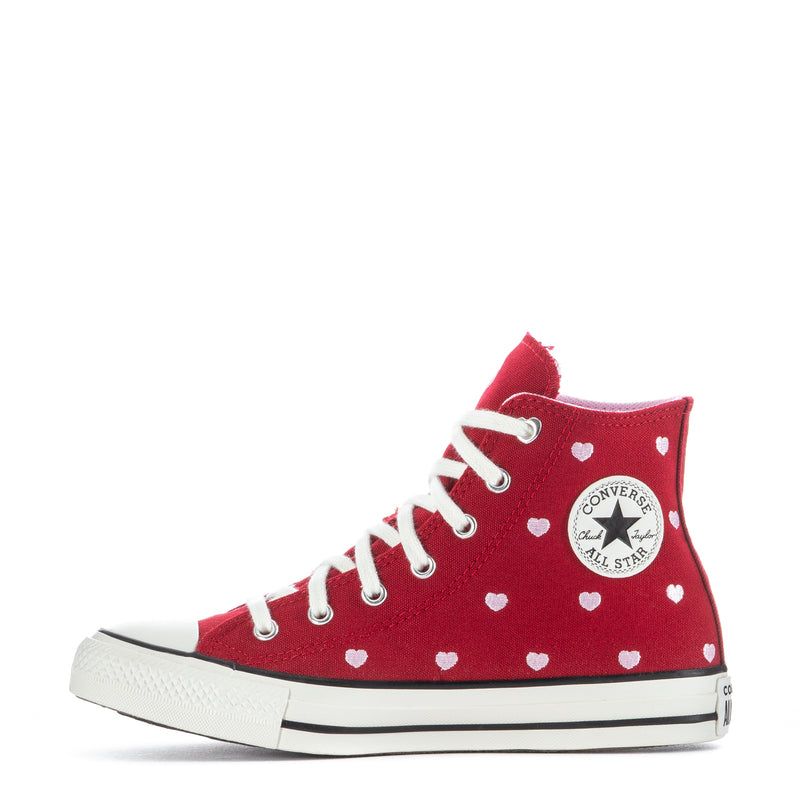 Red youth high-top sneakers with white heart print, white laces, and sidewall stripe