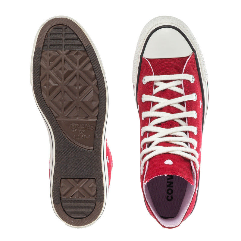 High-top sneaker outsole and interior view, red canvas upper with white lace-up trim