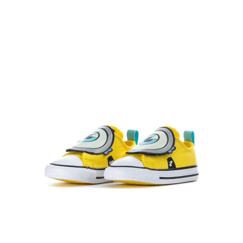 Toddler one-strap sneaker, side view: yellow upper with white midsole and character graphic