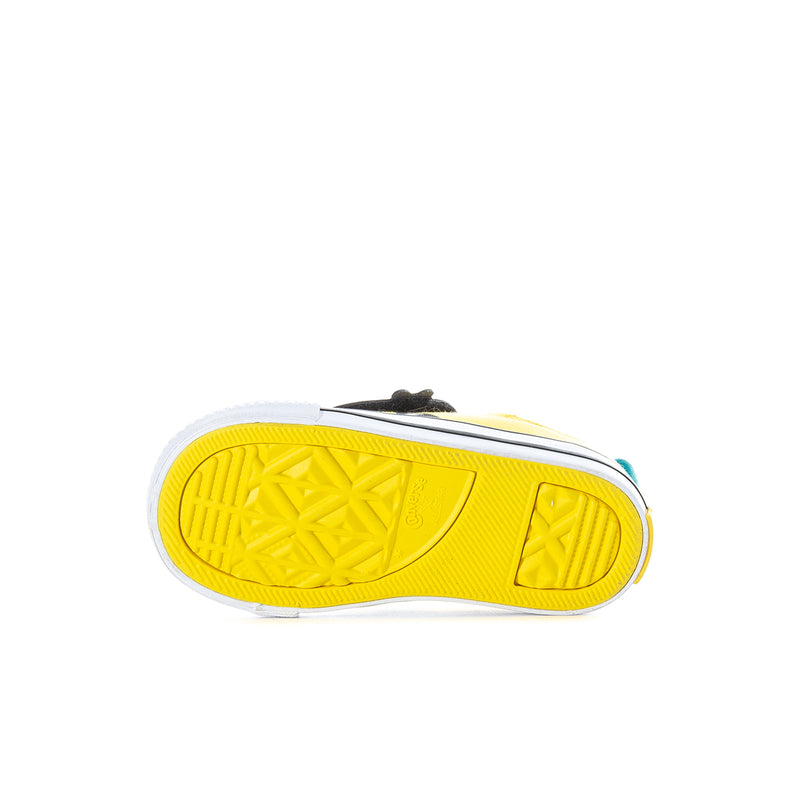 Toddler one-strap sneaker outsole view: yellow rubber sole with tread pattern
