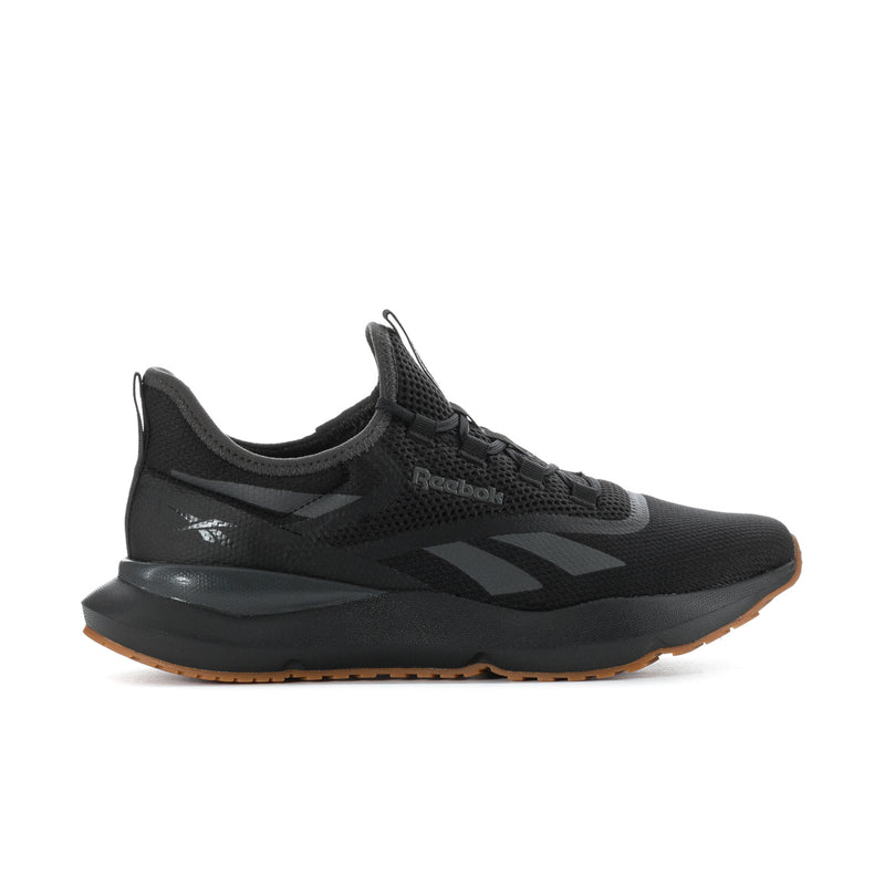 Men's black mesh slip-on sneakers with Reebok logo, cushioned midsole, gum outsole