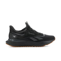 Men's black mesh slip-on sneakers with Reebok logo, cushioned midsole, gum outsole