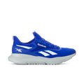Men's blue running shoe with white logo stripes and gray cushioned sole