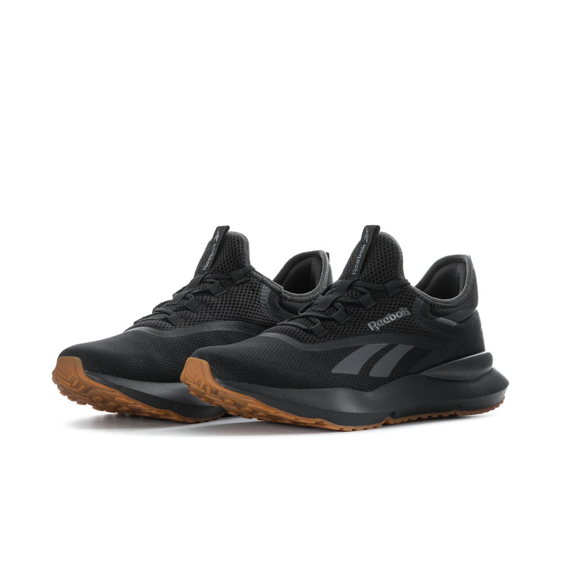 Men's black mesh running sneakers, side stripes, Reebok branding, gum rubber outsole