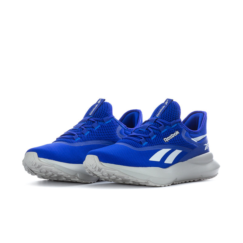 Men's blue mesh running shoe with white side stripes and gray outsole