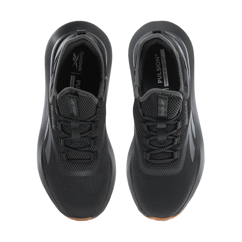 Pair of men's black mesh sneakers with lace-up design and padded tongue
