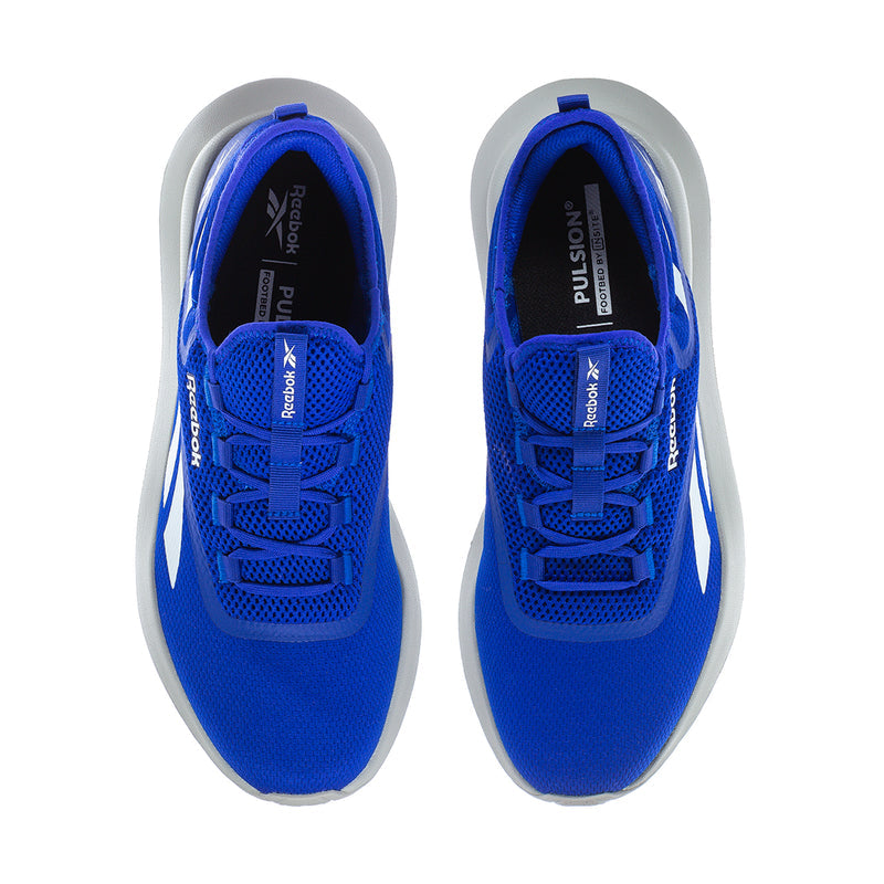 Men's blue lace-up running shoes showing interior padding and textured mesh