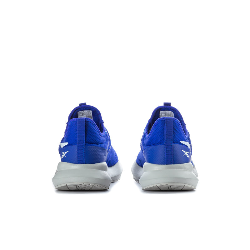 Men's blue running shoes with heel tab and white side logo; gray outsole