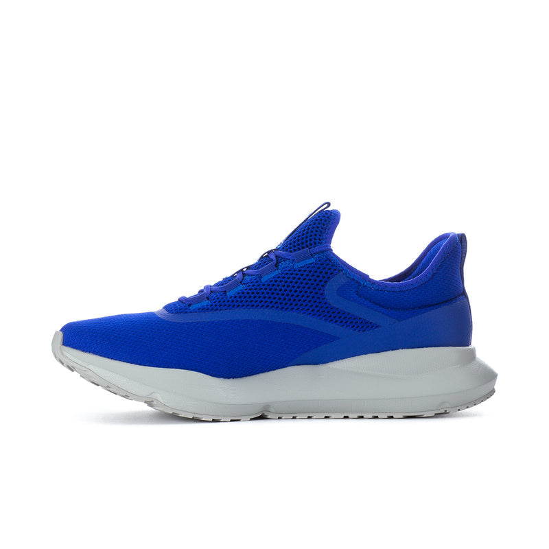 Men's blue knit running shoe with white stripes and thick gray sole