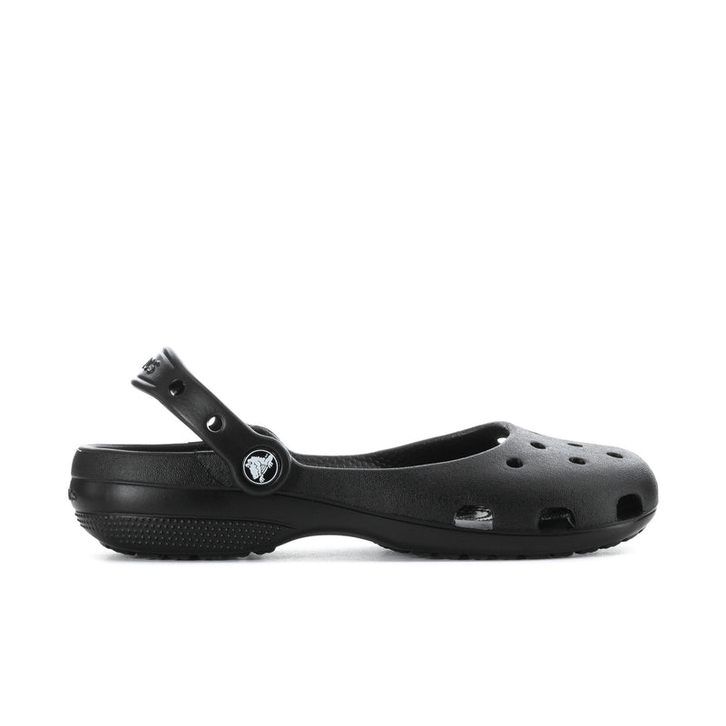 Black women’s ballet clog with perforated upper and adjustable heel strap