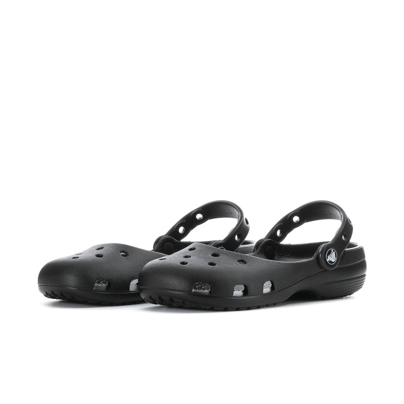 Pair of black women’s ballet clogs with perforated design and heel strap