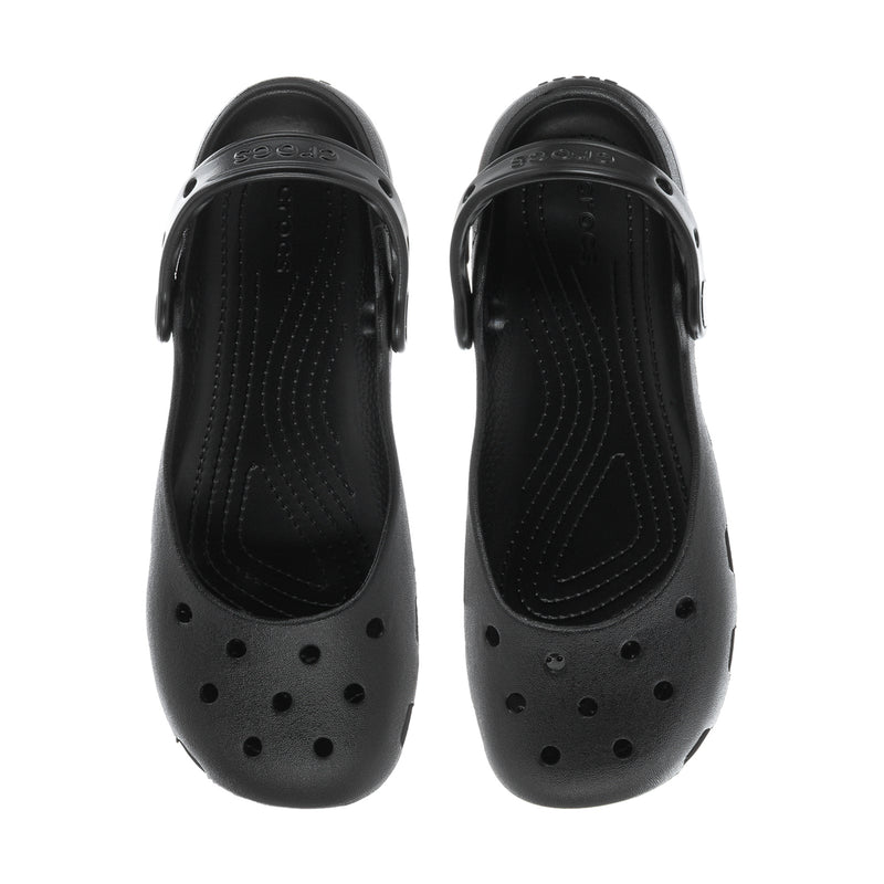 Black women’s ballet clogs with perforated toe and curved tread outsole