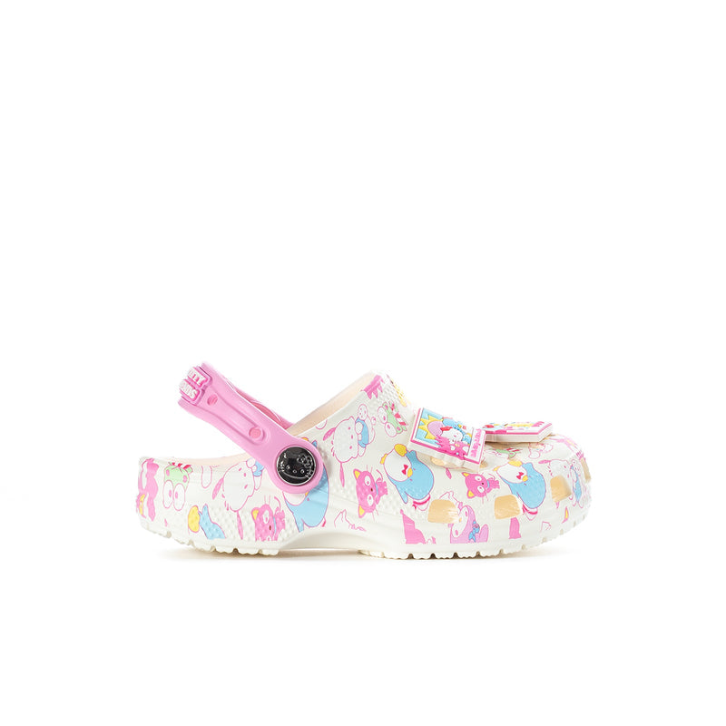 Kids' slip-on clog in white with pink strap and Hello Kitty friends print