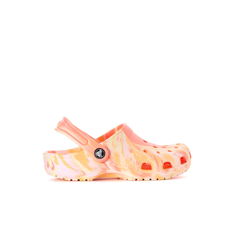 Kids' classic clog in pink-orange marble with perforations and round logo badge