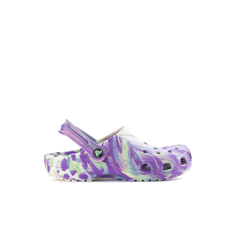 Kids classic clog, purple marble pattern, open back with heel strap and ventilation holes