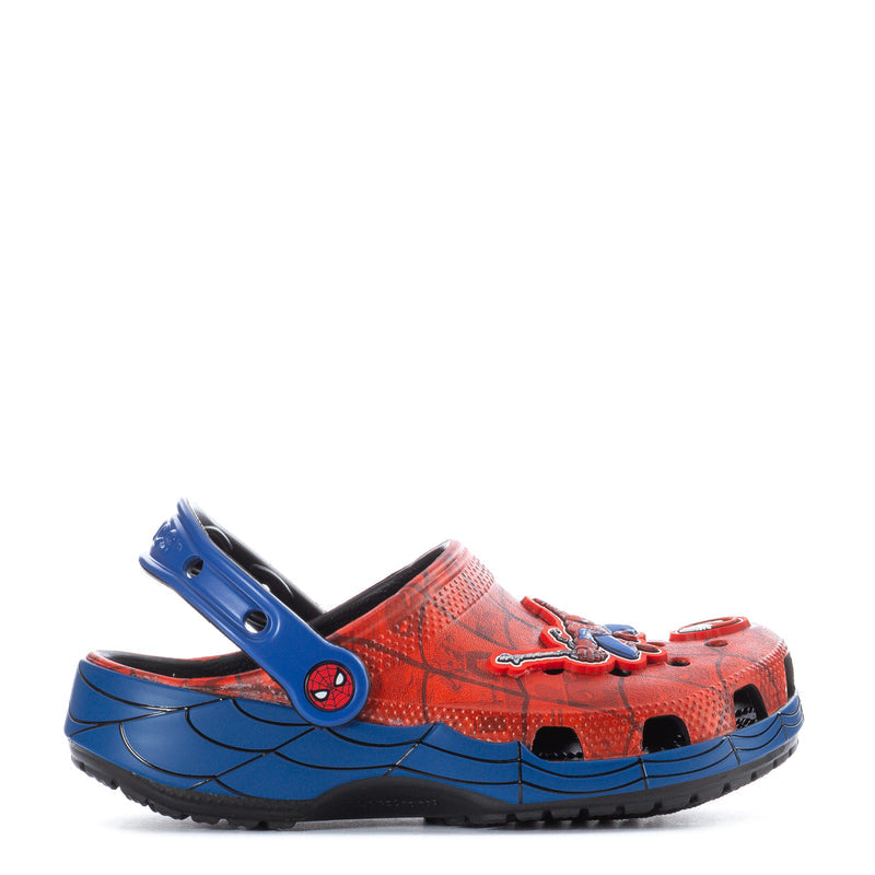 Kids classic clog in red with blue heel strap and Spider-Man graphic