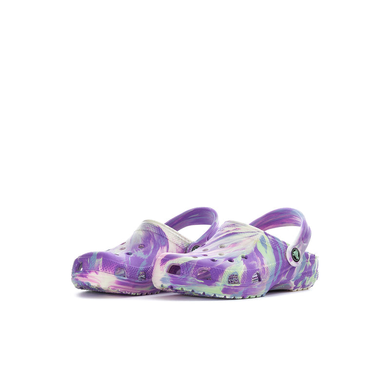 Kids classic clog, purple-and-white marble print, open back, side ventilation holes