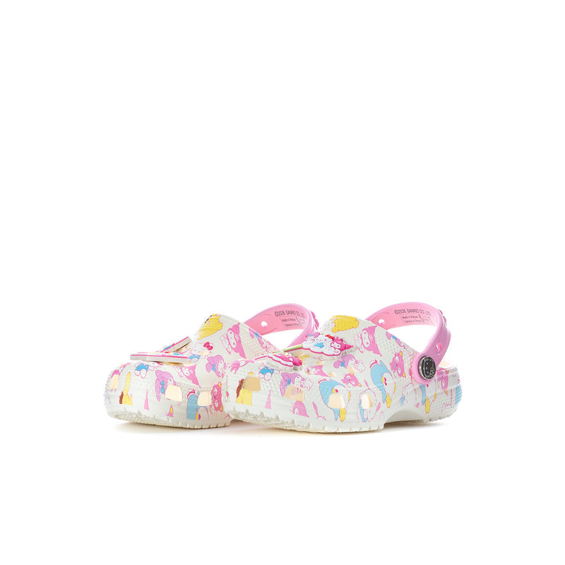Kids' slip-on clog with white upper, pink accents, and allover Hello Kitty friends print