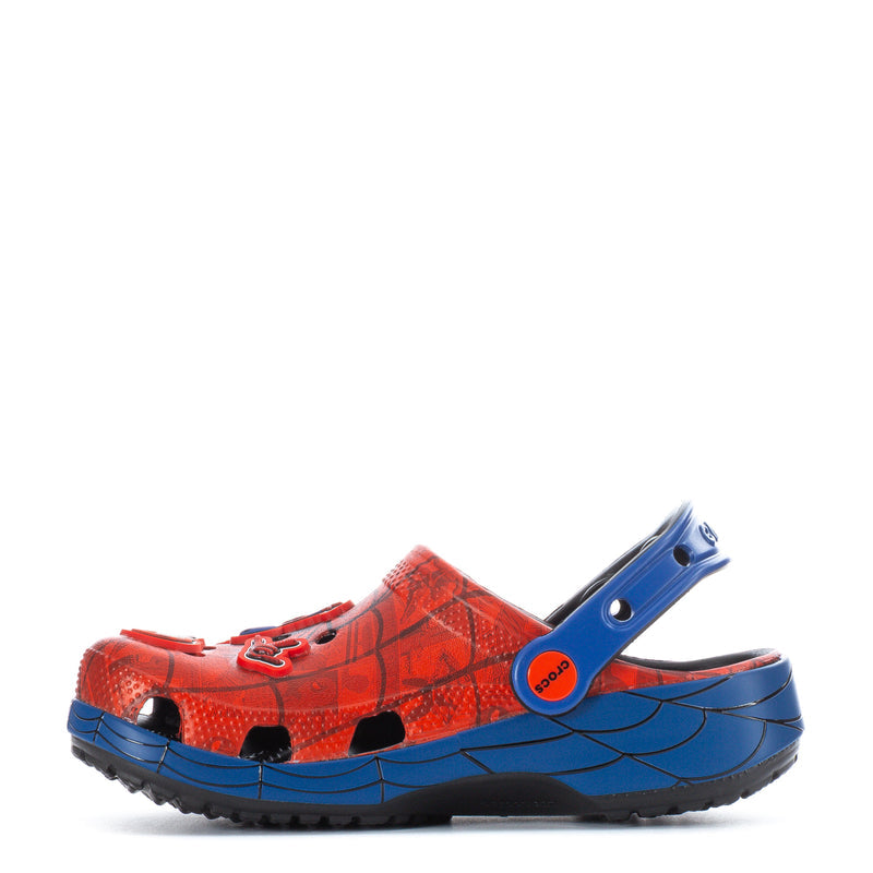 Kids classic clog, red upper with blue strap and Spider-Man face decoration