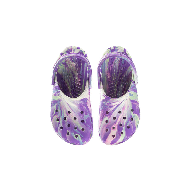 Kids classic clog pair, purple lining and strap, marble upper with ventilation holes