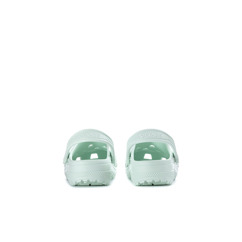 Kids' white clog shoes with sage insole lining and back heel strap