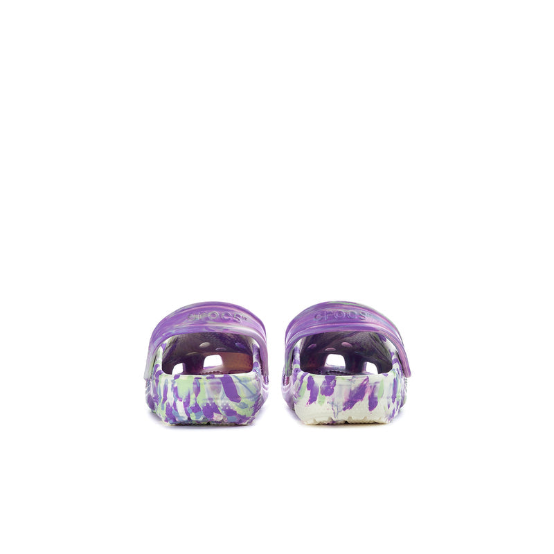 Kids classic clog pair viewed from back, purple heel and white marble print