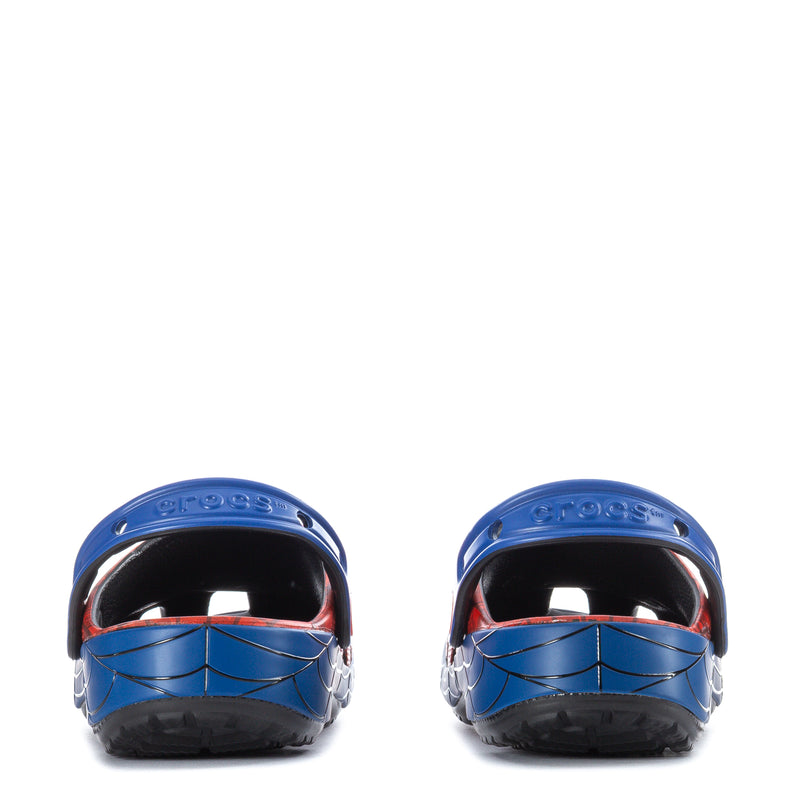 Kids classic clogs with blue heel backs and red tops, rear view