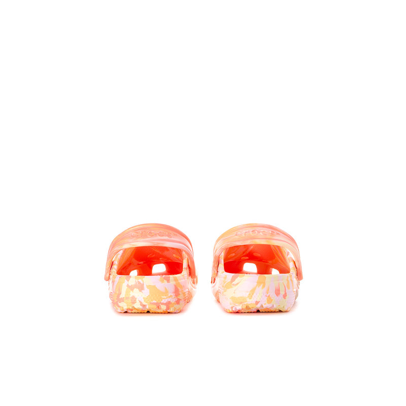 Kids' classic clogs, pink-orange marble, showing rear openings and heel contours