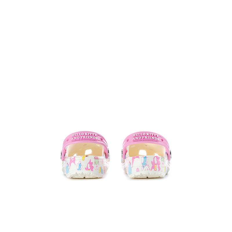 Kids' clog heel view with Hello Kitty and friends text, white with pink back straps