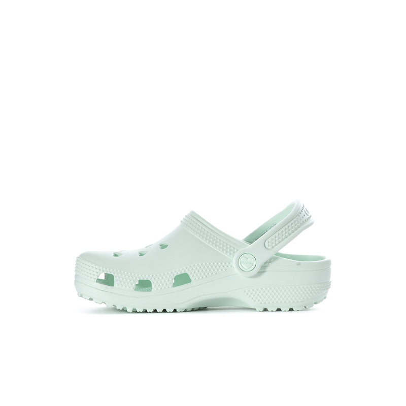 Kids' white clog with adjustable strap and sage accents, perforated upper