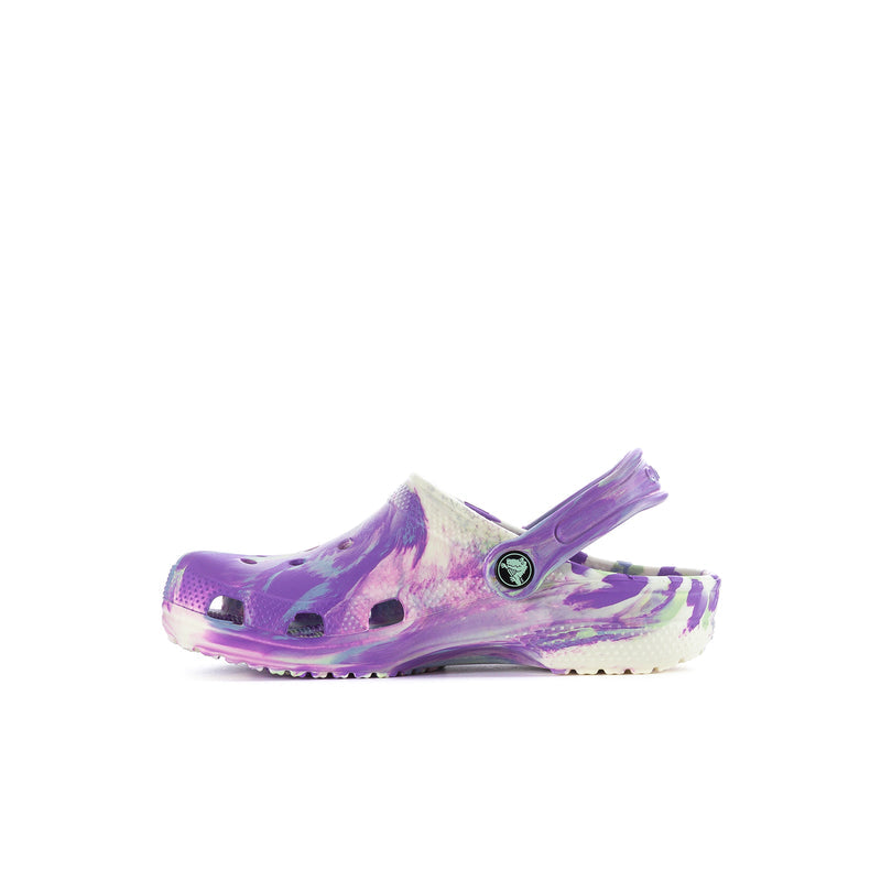 Kids classic clog side view, purple marble upper, adjustable heel strap, ventilation holes
