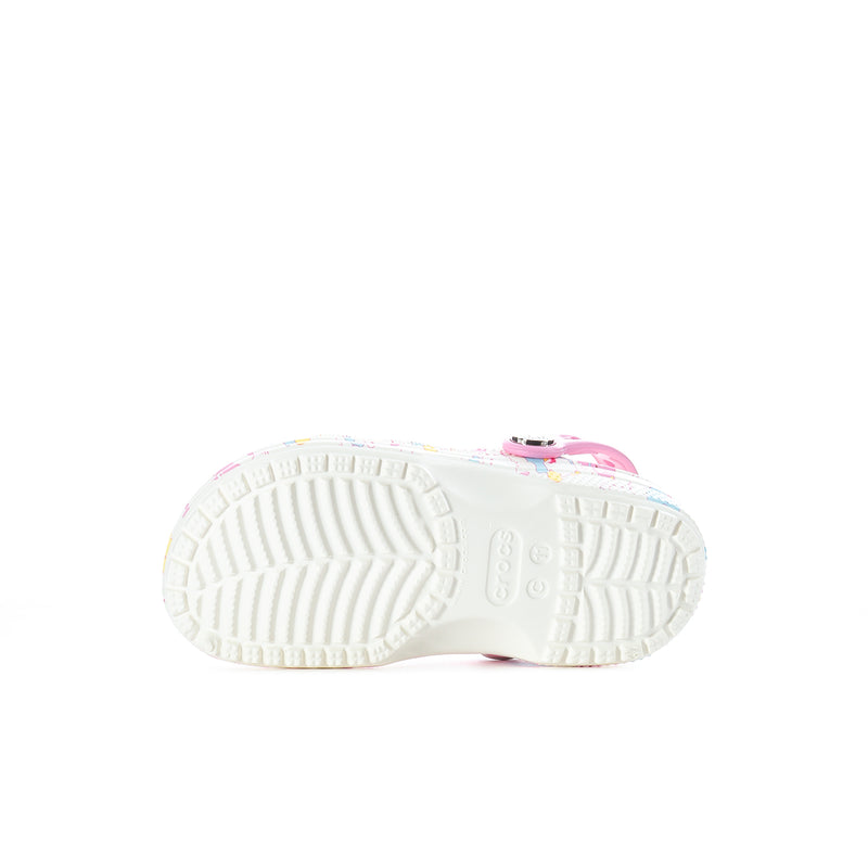 Kids' clog outsole view, white tread with pink heel and printed upper edge