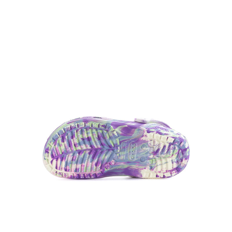Kids classic clog in purple and white with ventilation holes, adjustable heel strap