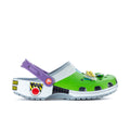 Men's classic clog side profile in green with purple strap and white accents