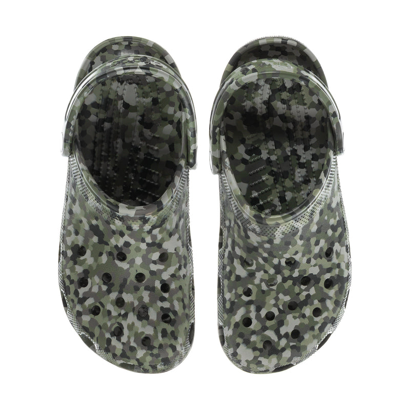 Pair of men's camo clogs, front view with ventilated holes and glossy top