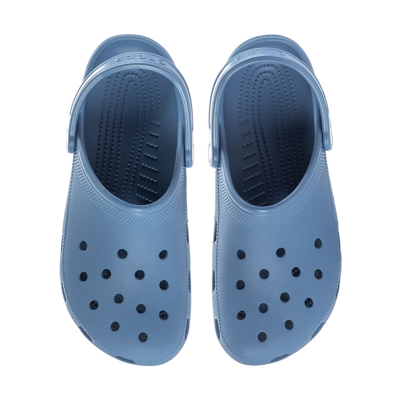 Men's astro blue clogs, top view with perforated panels and strap loop