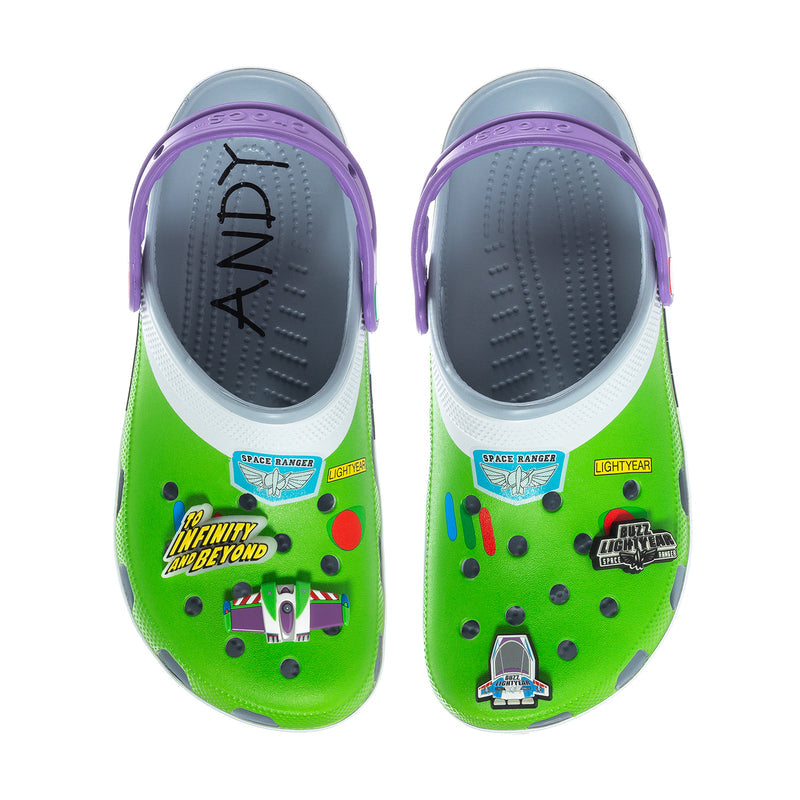 Men's classic clog with green graphic upper, purple straps, and white footbed